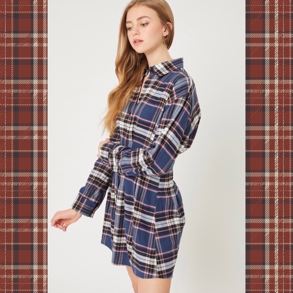 Plaid Long Sleeve Button Down Mini Dress in Blue - Picture 2 of 14